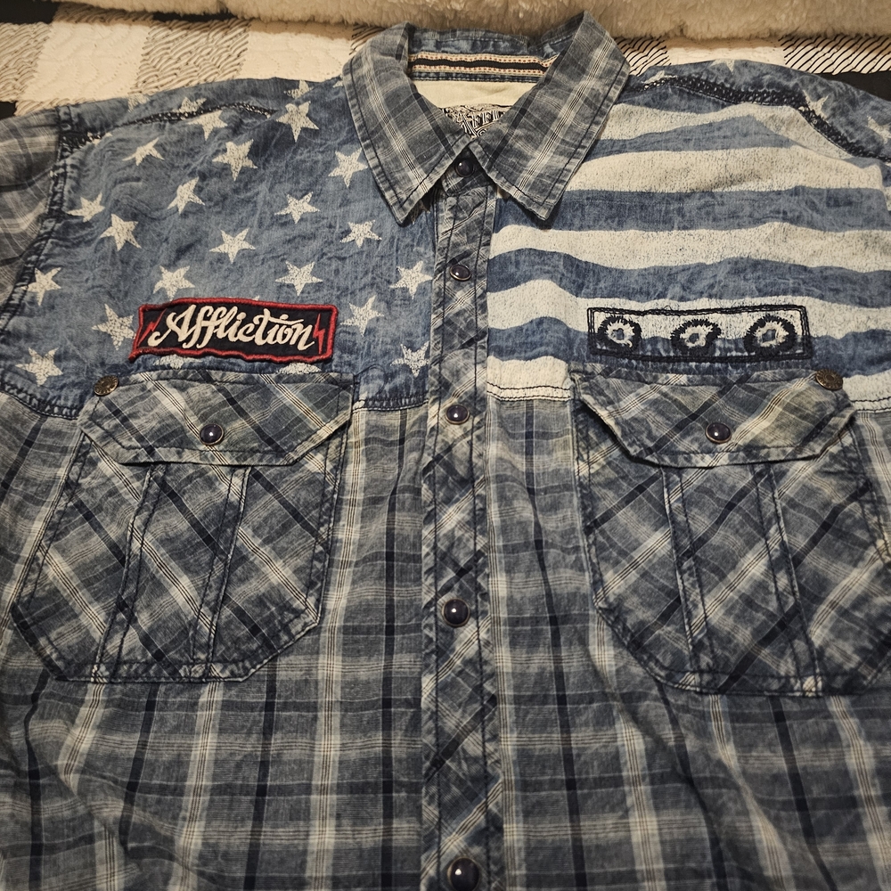 Affliction Blue Stars and Stripes Plaid Shirt
